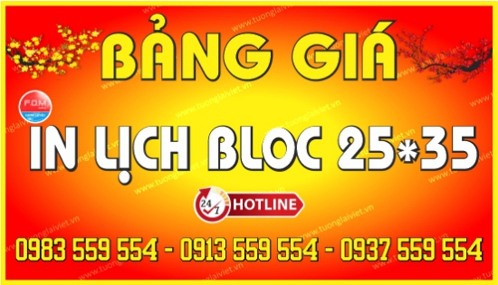 Bảng giá Lịch Bloc Cực Đại 25x35